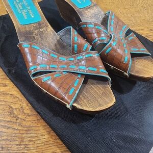 Donald J. Pliner Brown and Turquoise Leather And Wood Studded Mules Sz 10